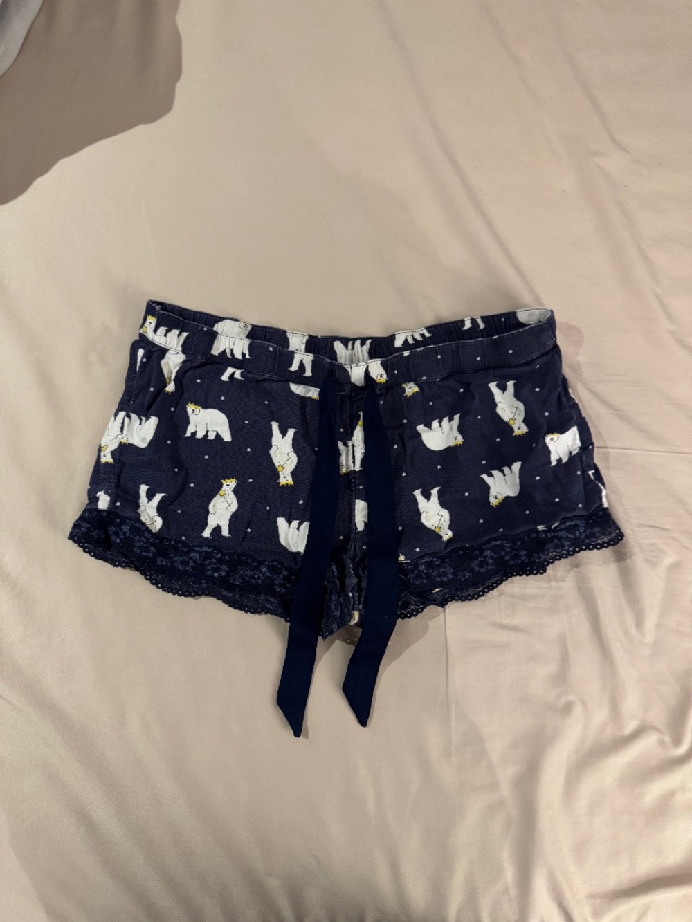 Aerie Polar Bear Print Pajama Lace Shorts Navy Blue - XS